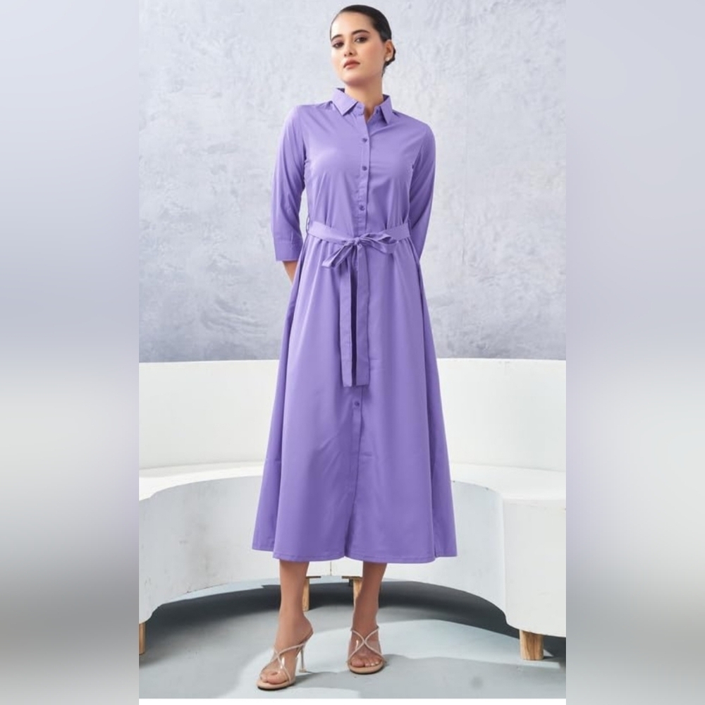 Vintage Cotton Women"s  Lavender Button-Up Midi Dress with Belt Size 18